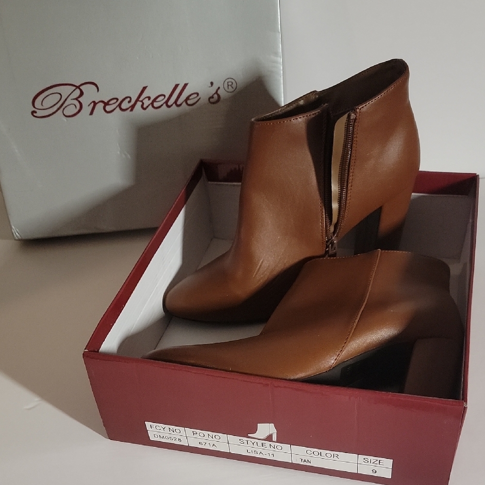Breckelles Tan Ankle Booties with Stacked Heel and Side Zipper